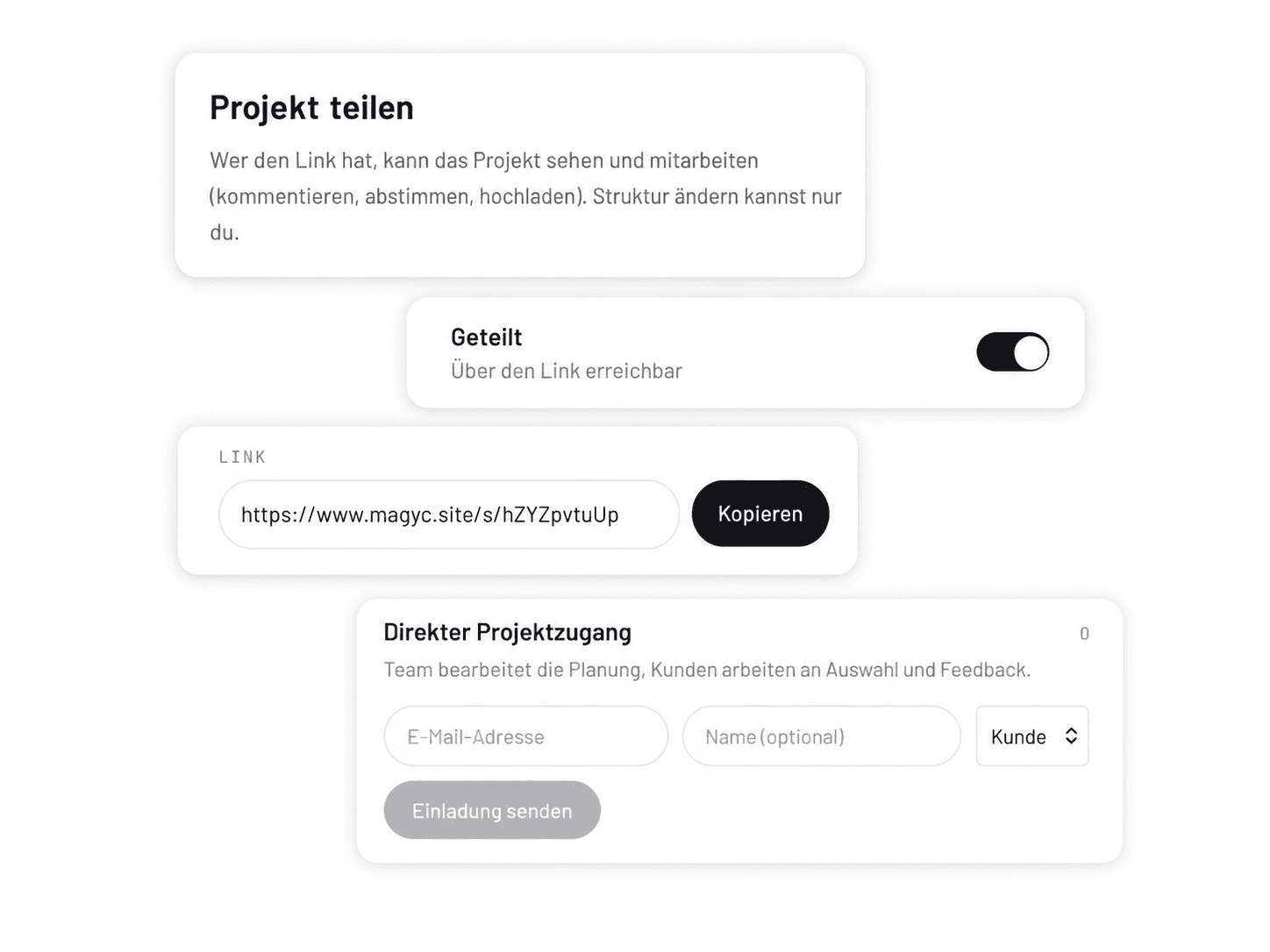 Kunde und Fotograf:in stimmen ein Projekt über einen Link ab